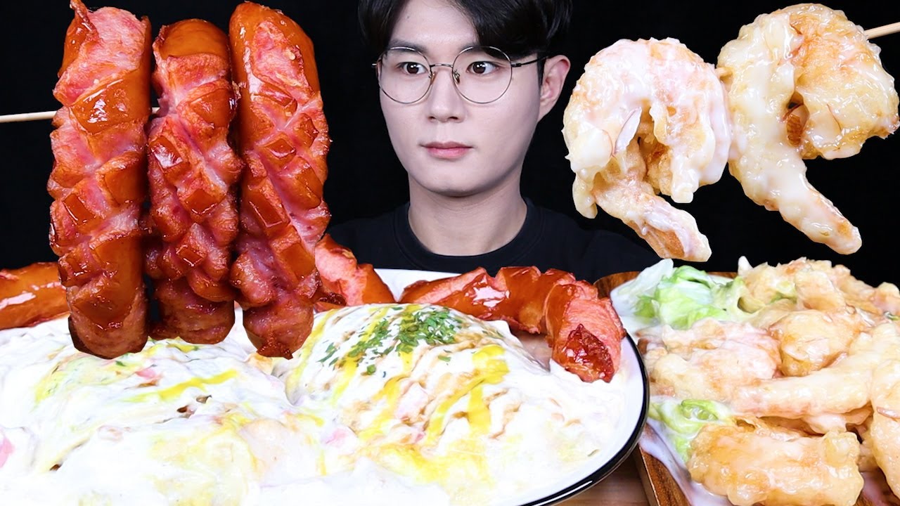 크림베이컨 오므라이스 소세지 크림새우 먹방ASMR MUKBANG OMURICE & SAUSAGE &CREAMY FRIED SHRIMP オムライス ソーセージ eating sounds