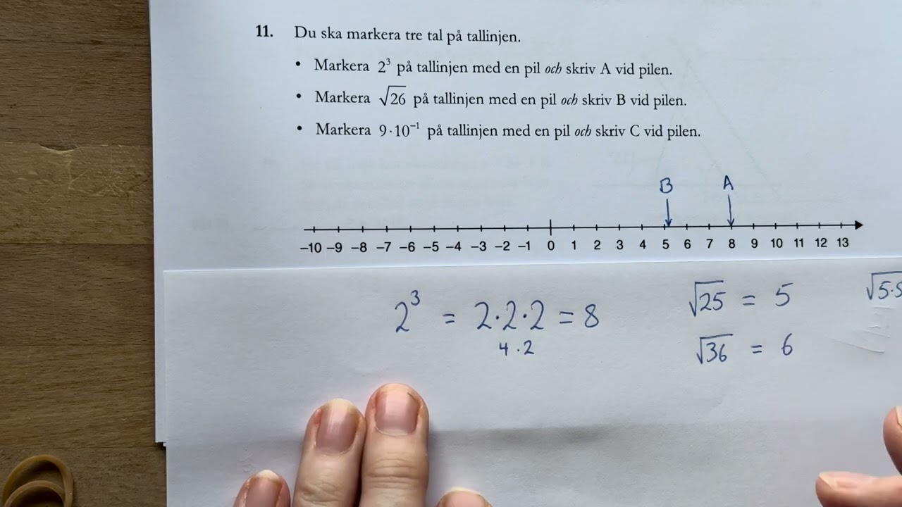 NP 2018 Bdel fråga 11 markera 3 tal på tallinjen 2^3 och rot 26 och 9x10^-1