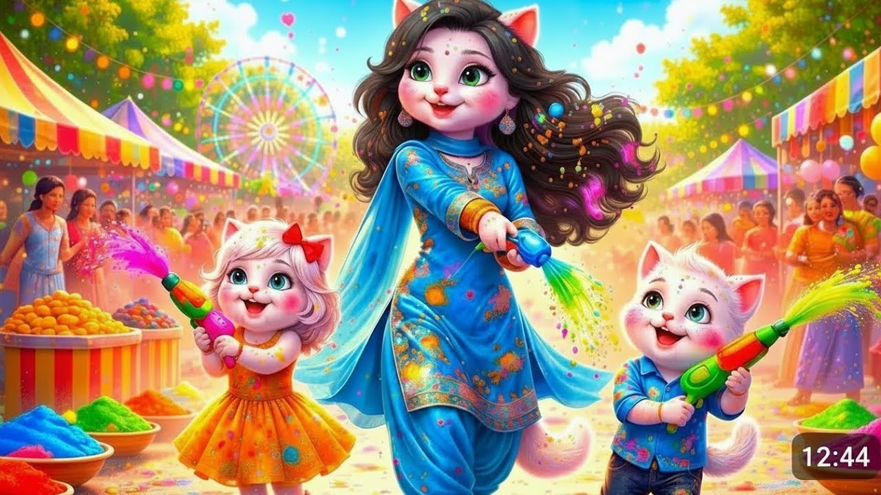 Cute Kitty Kids Holi Celebration | Cat Family Holi Fun Festival 2026 | Kids Cartoon Holi Video