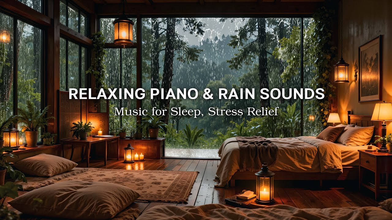 (No Ads) Peaceful Bedroom Ambience 🌧️ Relaxing Piano Music & Rain Sounds for Sleeping, Stress Relief