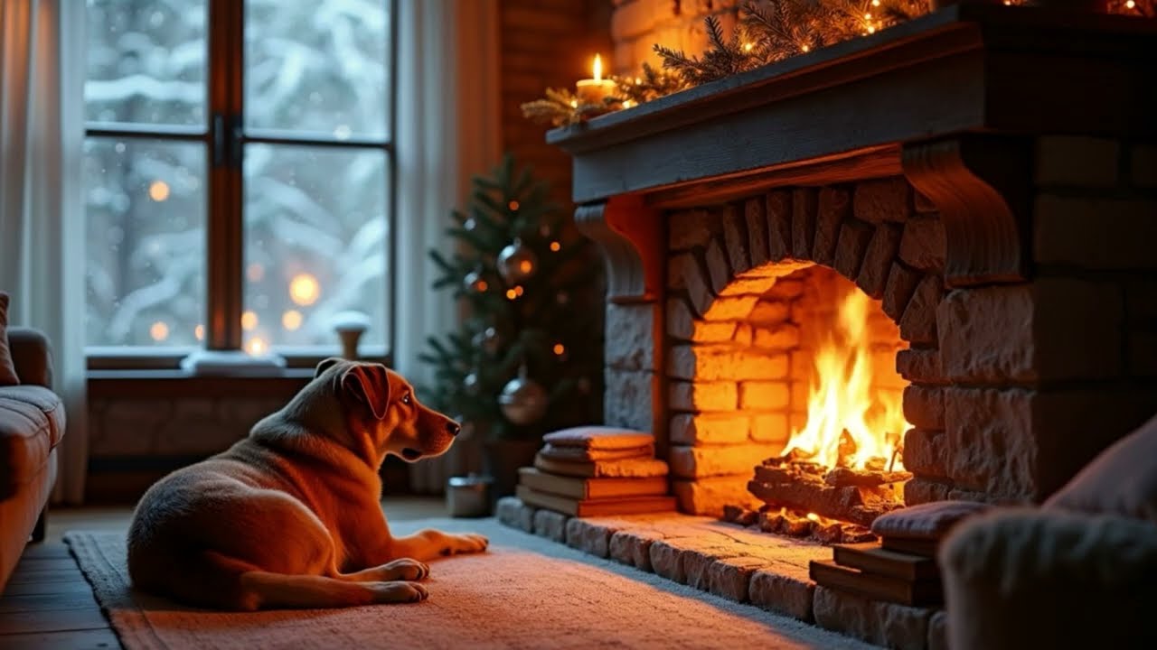 Dog Sleeping by the Fireplace 🔥 Cozy Winter Night Ambience & Crackling Fire Sounds