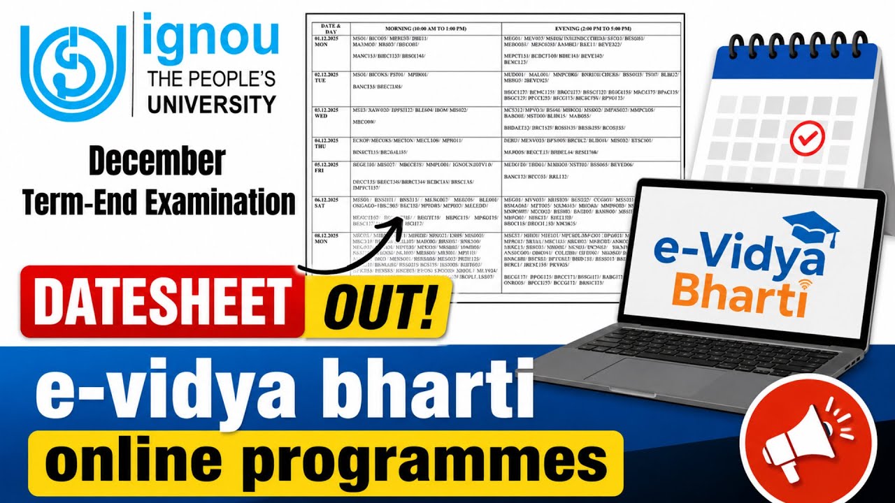 IGNOU E-Vidya Bharti Online Programmes Datesheet Released | June 2026 Exams