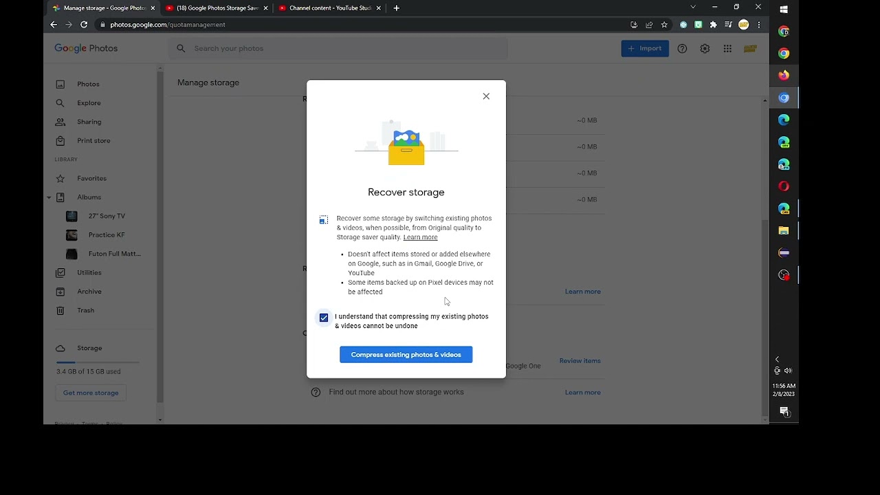 Google Photos: Convert existing Originals to Storage Saver. Gear, Manage Storage, Recover Storage.