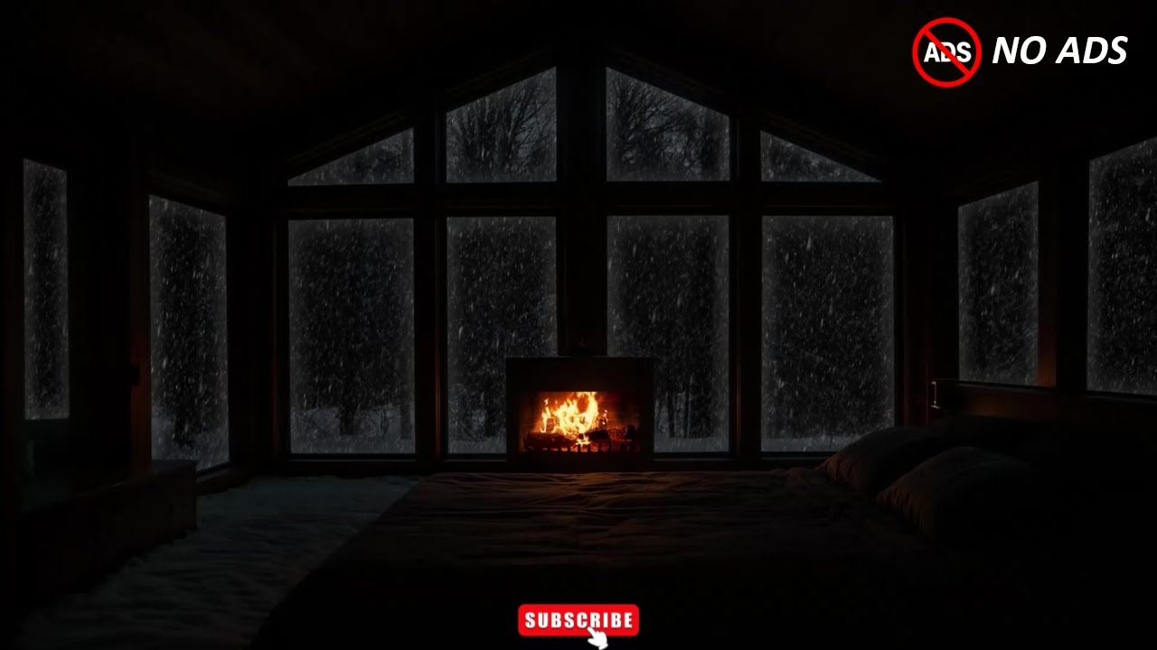 No Ads | Warm Winter Fireplace Ambience | Crackling Fire, Snow&Wind for Deep Sleep & New Beginnings