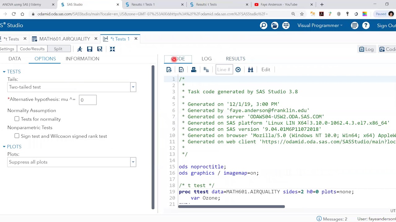 One-sample t-test in SAS & SAS Studio