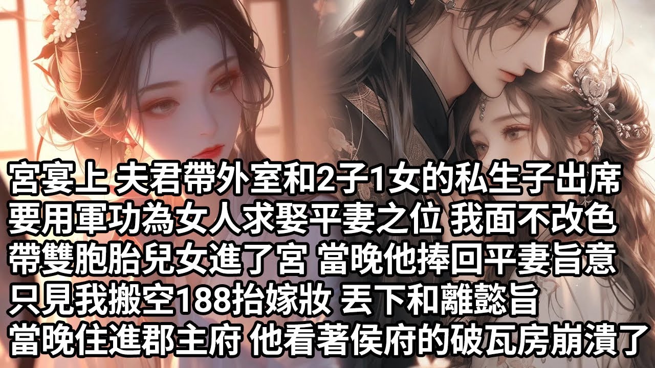 【一口氣看完】宮宴上 夫君帶外室和2子1女的私生子出席，要用軍功為女人求娶平妻之位 我面不改色，帶雙胞胎兒女進了宮 當晚他捧回平妻旨意，只見我搬空188抬嫁妝 丟下和離懿旨，他看著侯府的破瓦房崩潰了