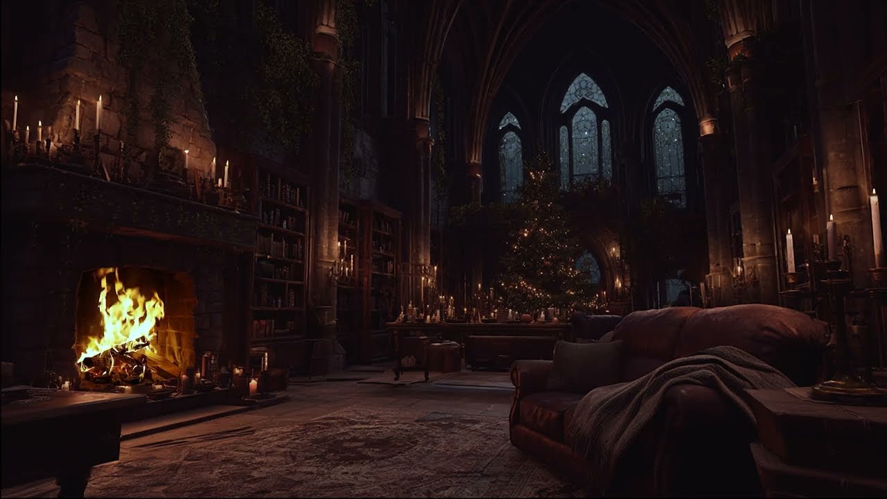 New Year Winter Castle Ambience – Snow Wind, Crackling Fire & Cozy Christmas Night for Deep Sleep