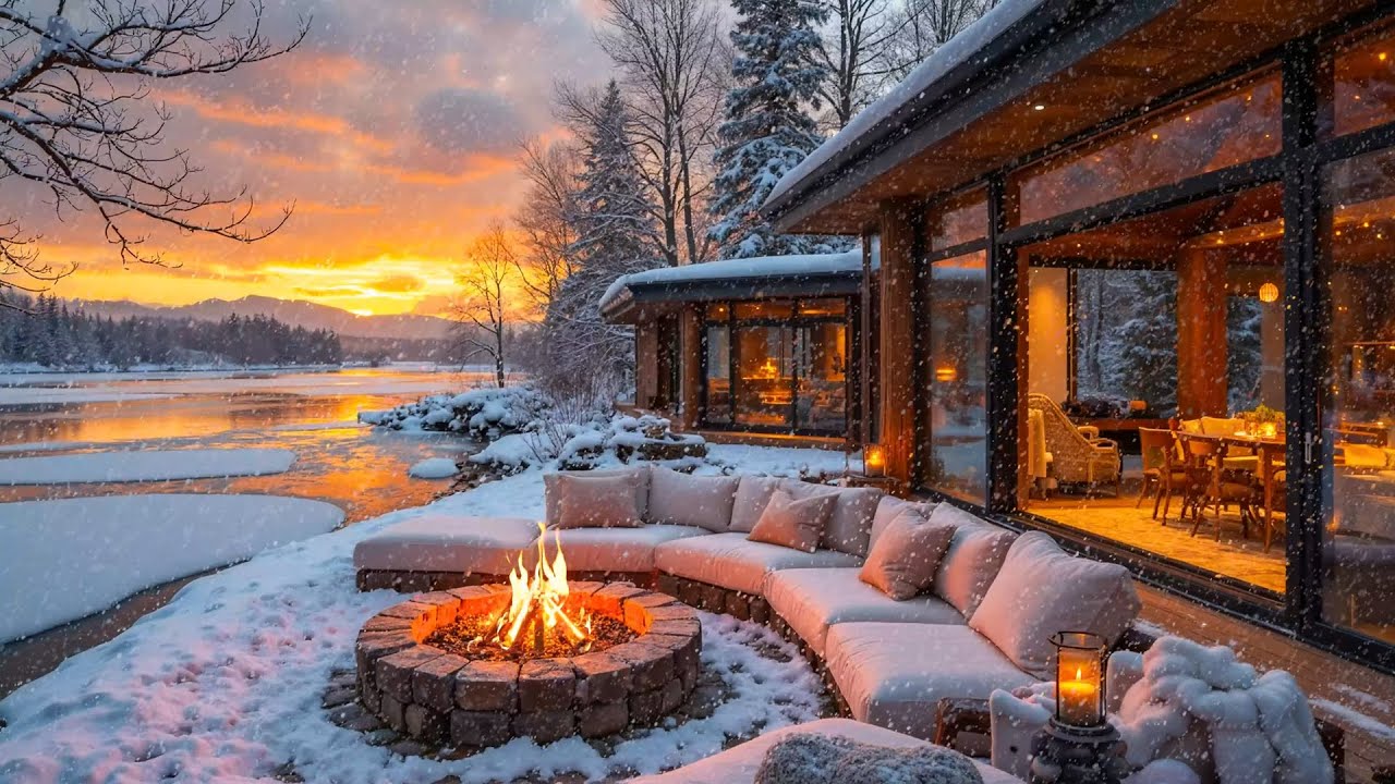 Cozy Winter Sunset Lake❄️🔥 Soft Piano Music, Cozy Campfire & Falling Snow Ambience for Sleep