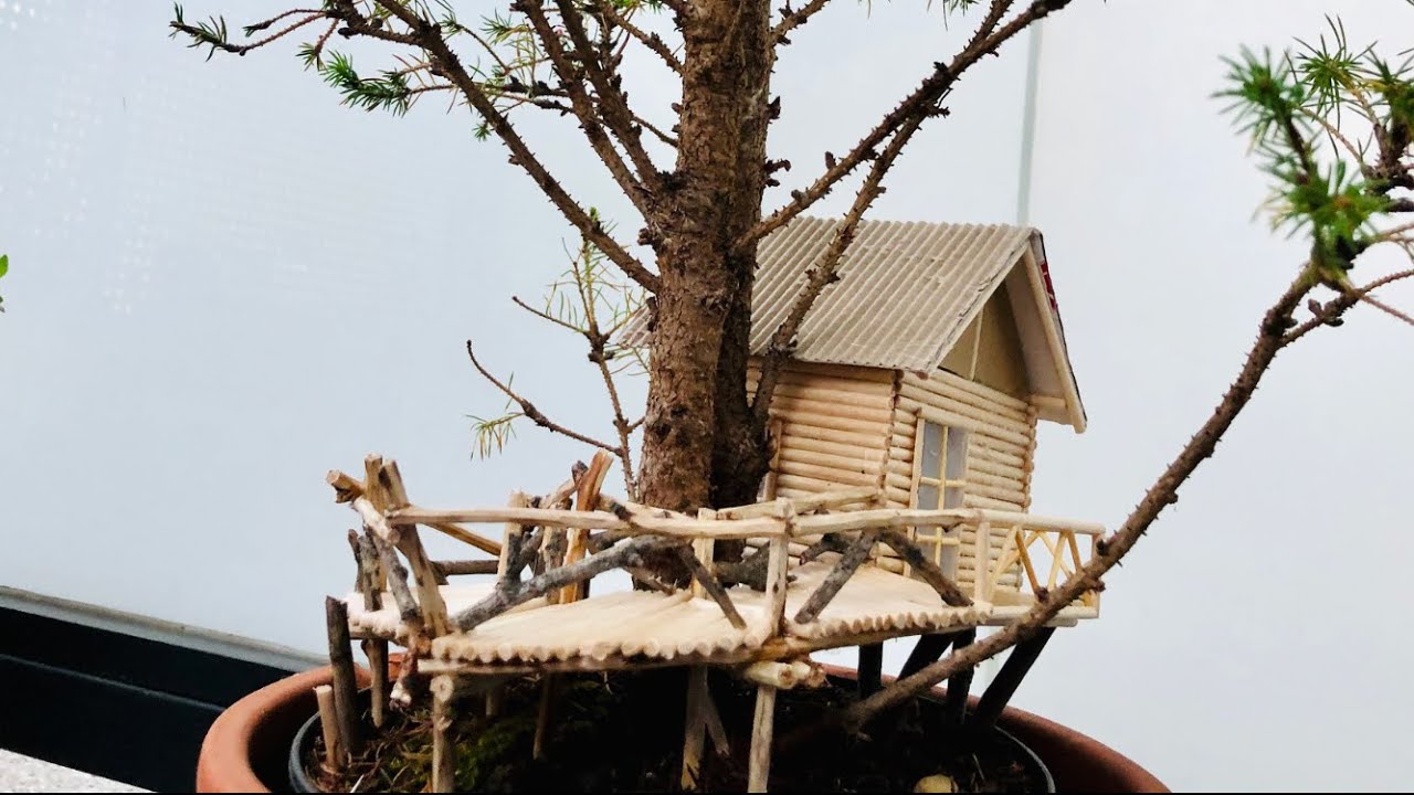 DIY Miniature Tree House made from Barbecue stick cartoons  and Tree twig