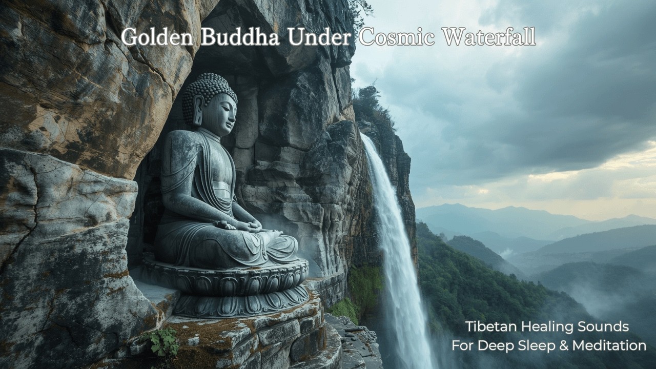 Golden Buddha Under Cosmic Waterfall 🌌 Tibetan Healing Sounds for Deep Sleep & Meditation