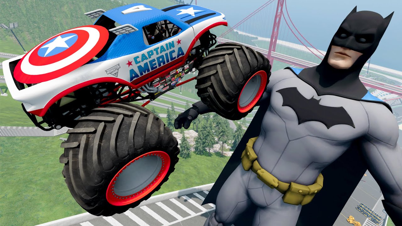 Monster Jam Insane Jumps and Crashes Into GIANT BATMAN! | BeamNG Drive - Griff's Garage