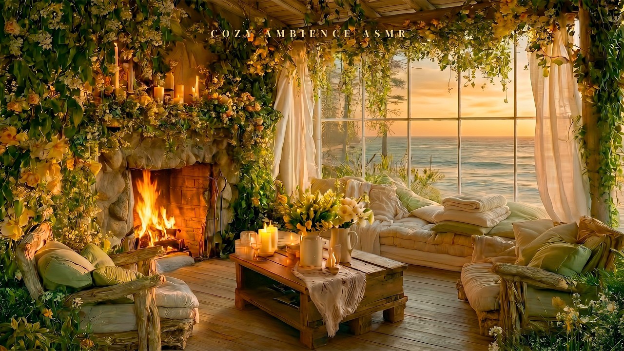 Warm Coastal Hideaway 🌊 Soft Waves, Coastal Birds & Cozy Fire Sounds for Calm Focus and Rest