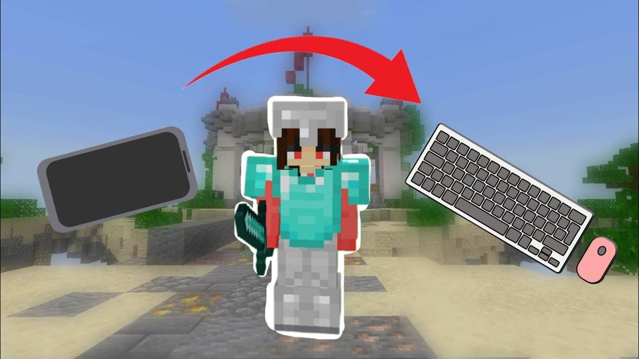 Игрок на мобильном устройстве пробует играть в Minecraft с помощью клавиатуры.