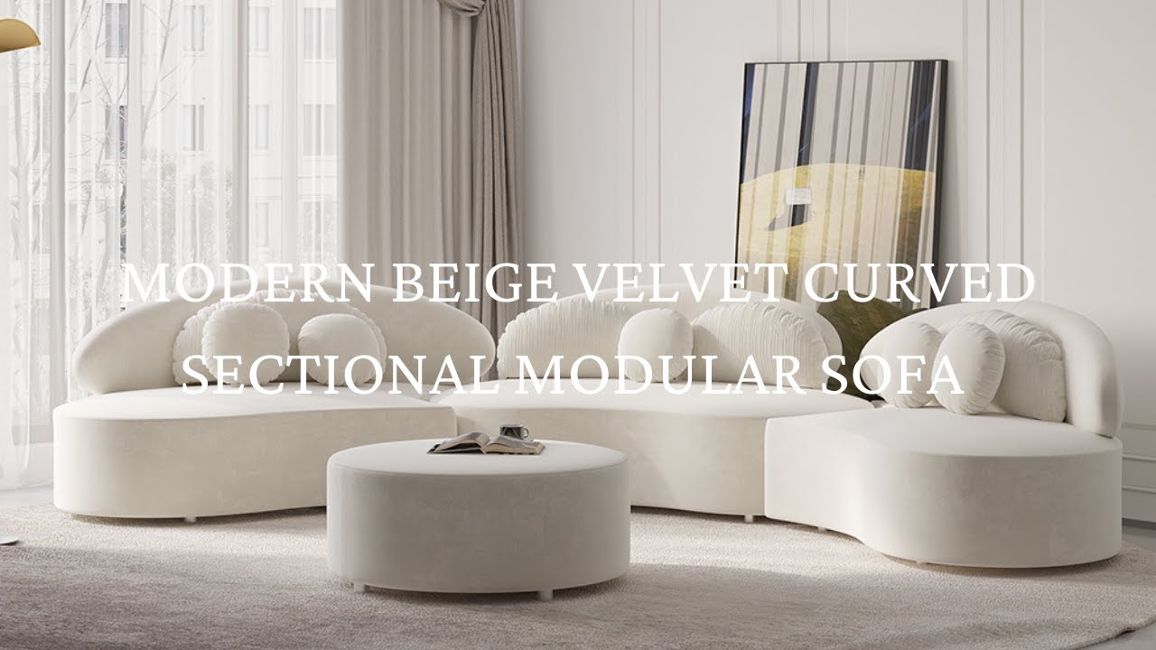 Homary's Beige Velvet Beauty: Modern 7-Seat Curved Sectional Sofa!