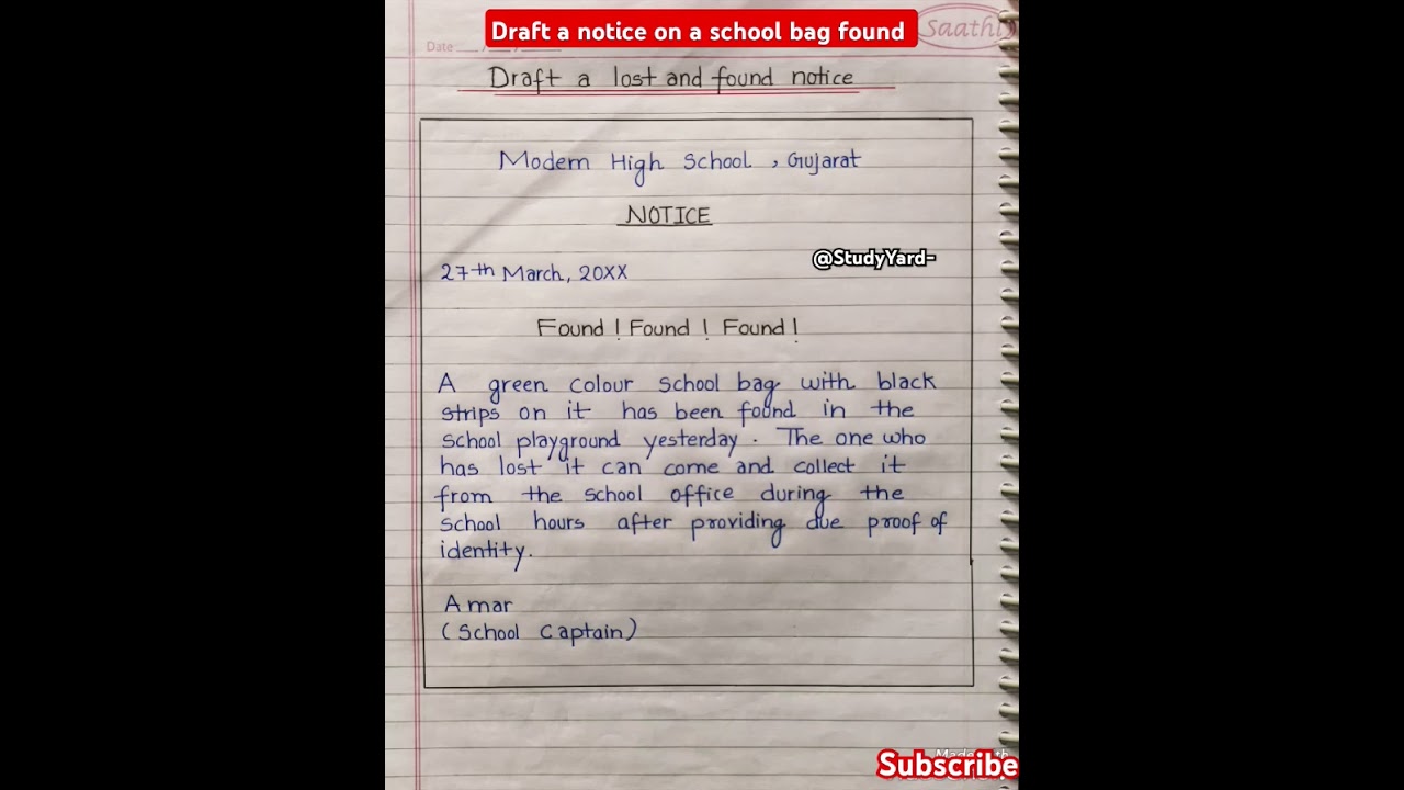 Notice writing on found a  school bag l notice writing on lost and found