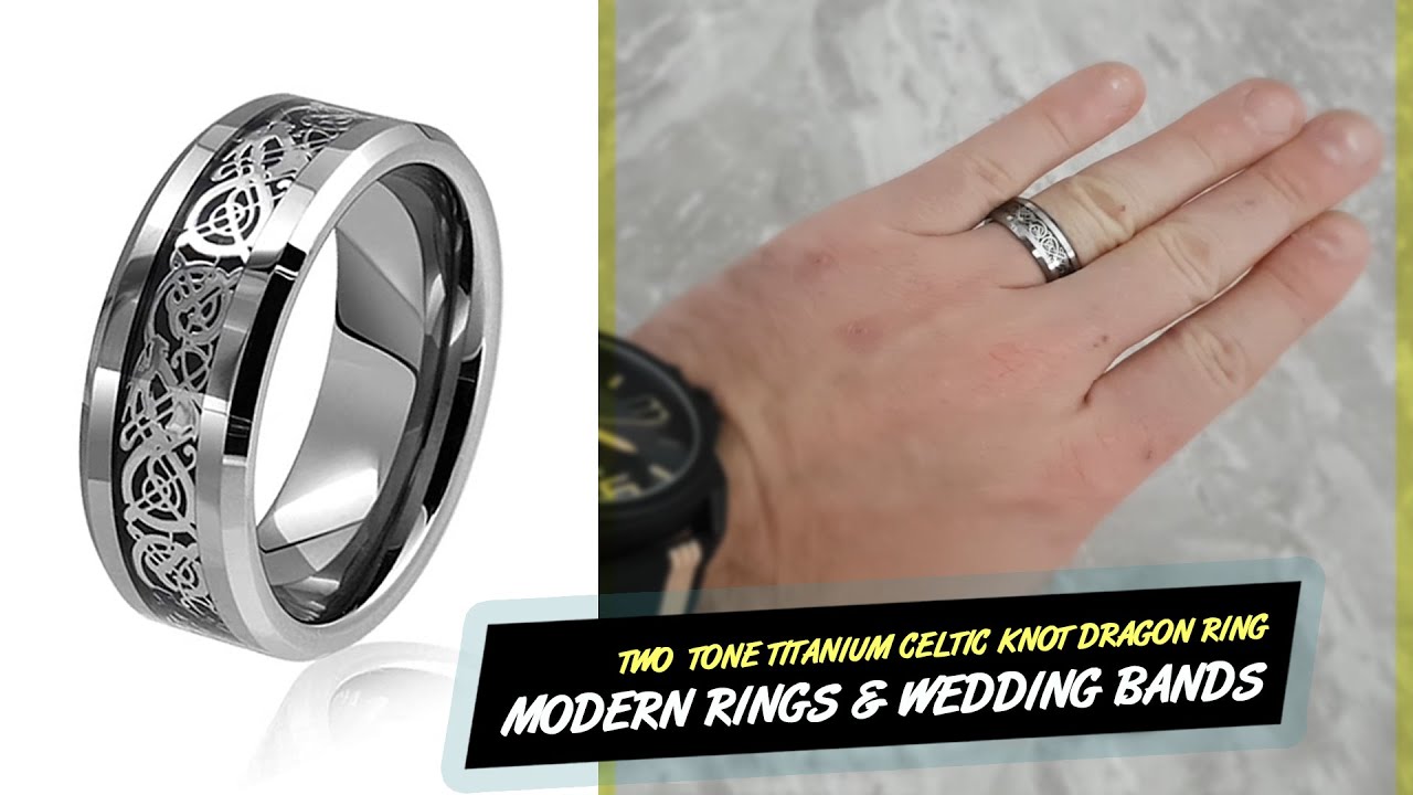Men's Wedding Bands  - Modern Titanium Ring Review - Celtic Knot Dragon Ring 2 Tone Black and Silver