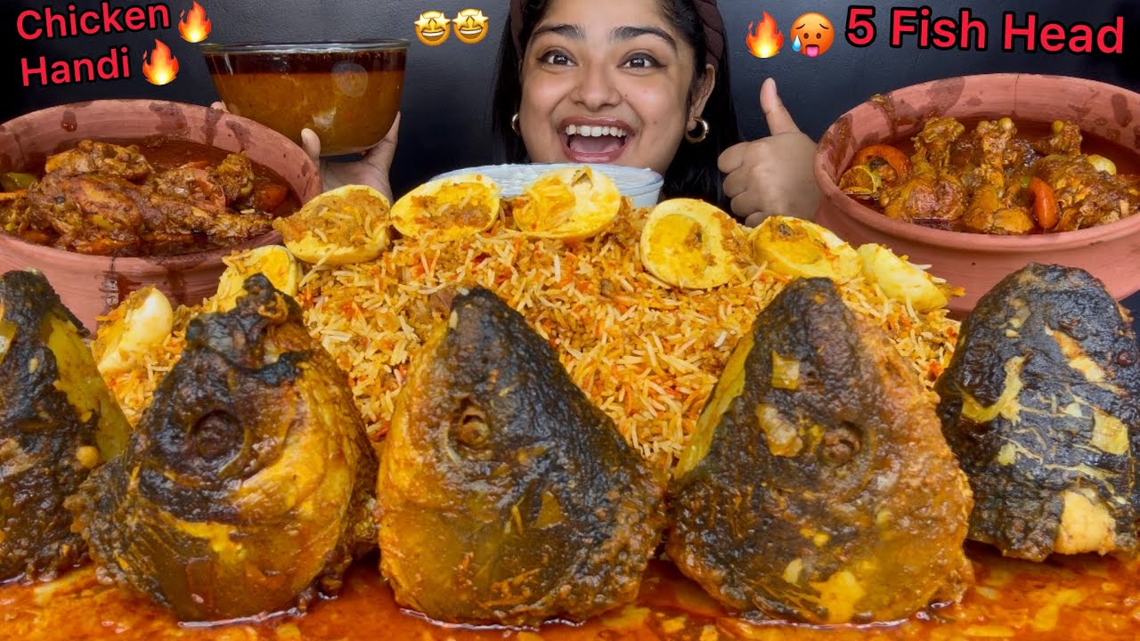 5 SPICY FISH HEAD CURRY, SPICY CHICKEN HANDI AND CHICKEN & EGG BIRYANI WITH RAITA | ASMR MUKBANG