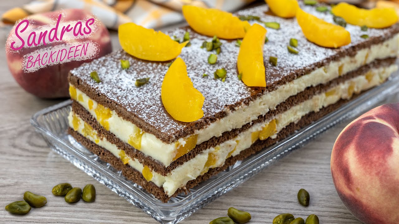 Pfirsich Sahne Schnitten | locker leichter Sckoko Biskuit | einfaches Rezept für 8 Schnitten