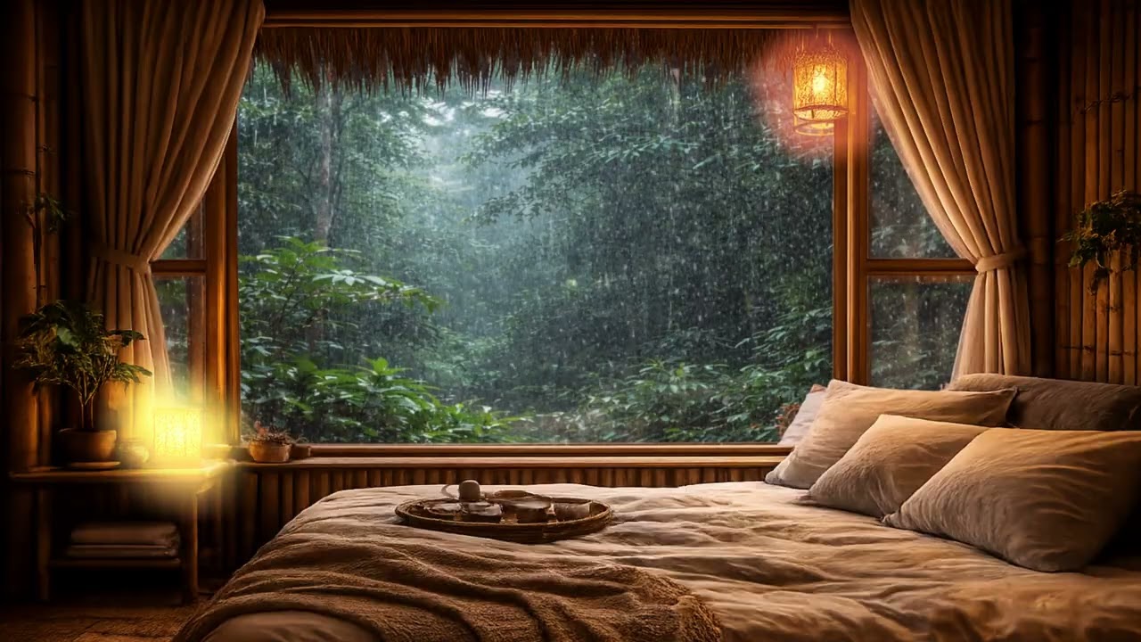 Heavy Rain Sounds Outside Bamboo Cabin 🌧️ Sleep, Study, Relax | Green Bamboo Relax