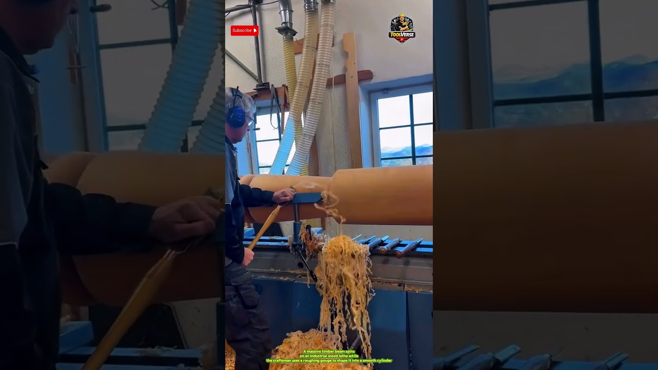 Industrial Wood Turning Process &ndash; Shaping a Massive Timber Beam #Craftsmanship