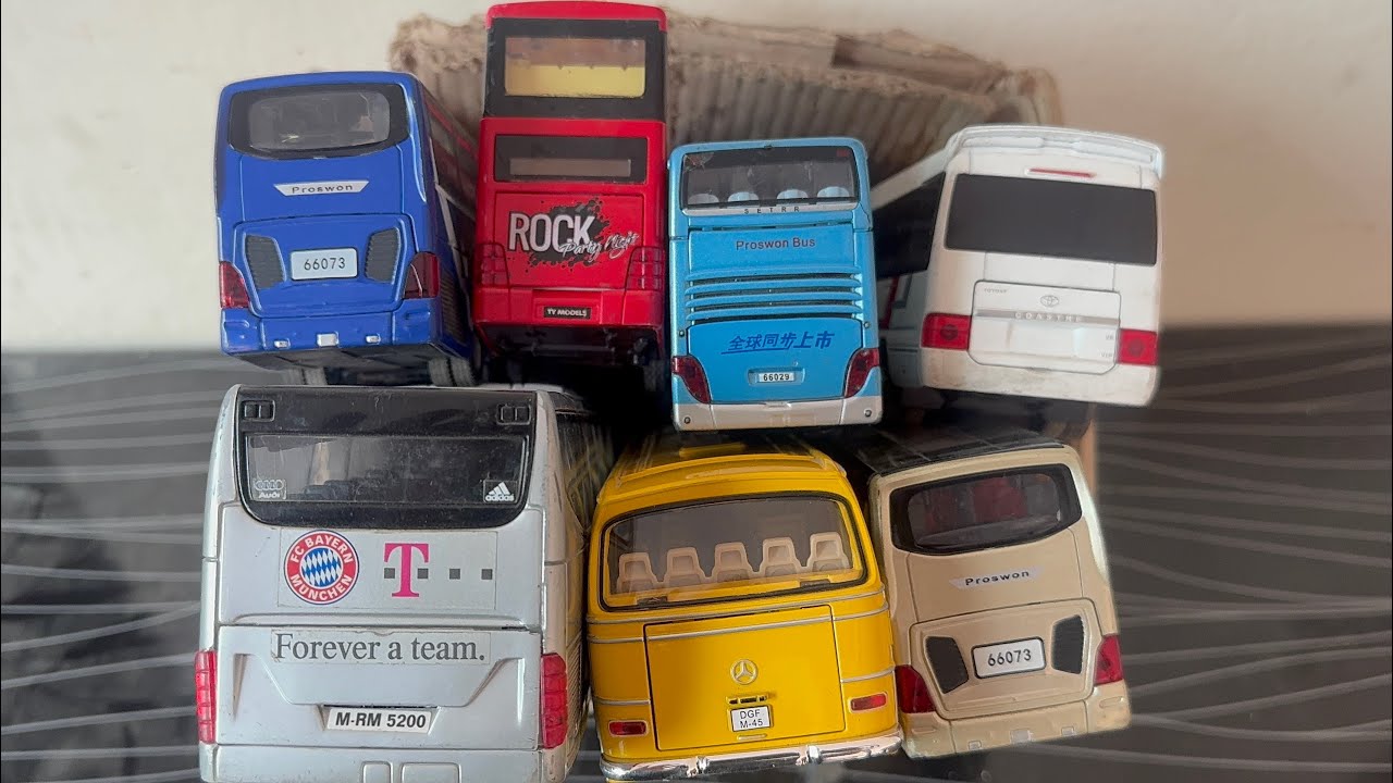 Lets pick box with realistic diecast model bus collection,mercedese,toyota,Review koleski bus mobil