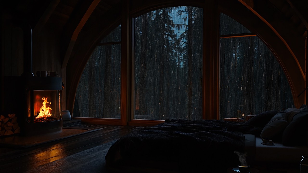 Peaceful Cozy Night Rain & Fireplace Ambience for Relaxing, Unwinding & Calm Nights 🌧️🔥
