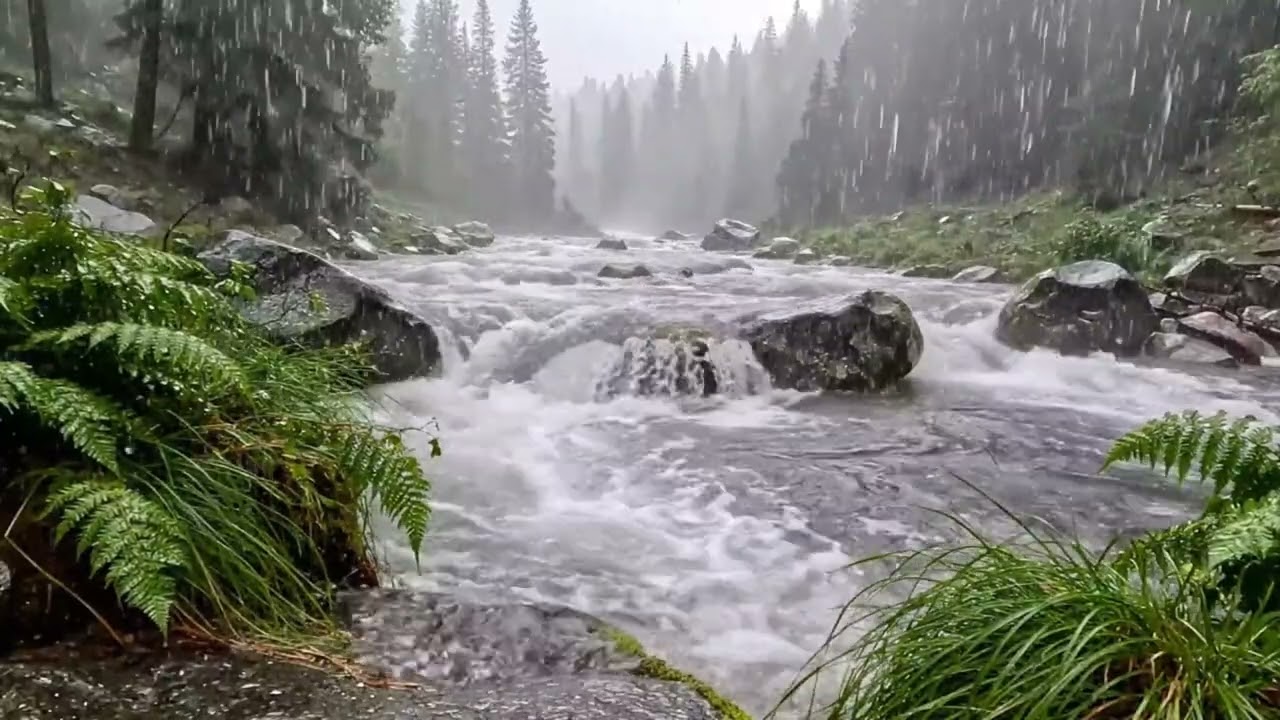 Heavy Rain and Rushing River Sounds | Forest Stream Nature Ambience