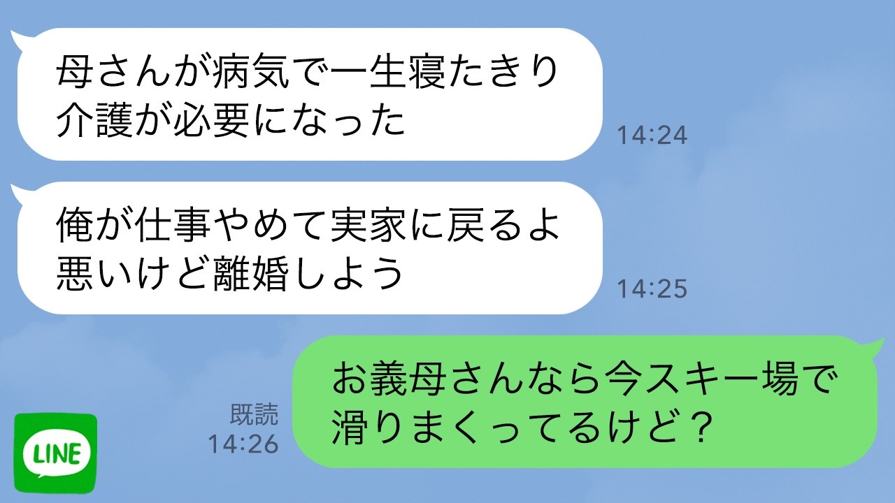 【LINE】娘と正月の帰省中に夫からライン「母さんが病気で寝たきりになった。介護で退職したから離婚しよう」&rarr;スキー場で大滑走する義母の動画を送った結果&hellip;ｗｗ