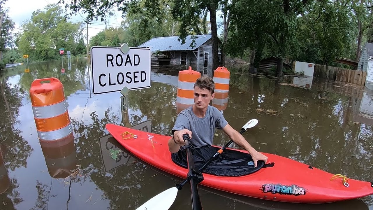 Hurricane Florence Flooding in Fayetteville, NC 17SEP2018 Kayaking Over Roads