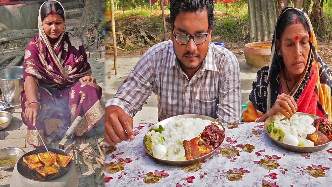 শীতে উঠোনে বসে রান্না খাওয়া দাওয়া I ফেনা ভাত,আলু মাখা,ডিম সেদ্ধ,পাঁচমিশালী সবজি ভাজা,মাছের পেটি ভাজা