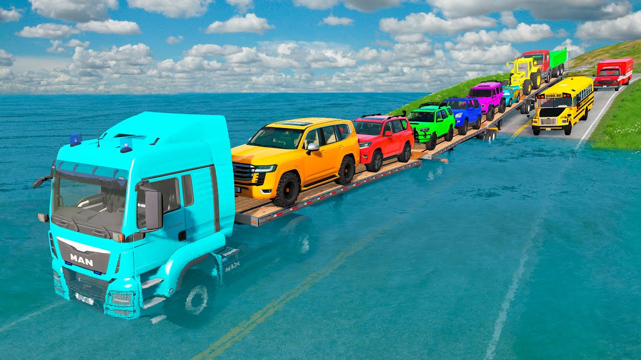 Triple Flatbed Trailer McQueen Transportation with Truck - Speedbumps vs Cars vs Train - BeamNG #239