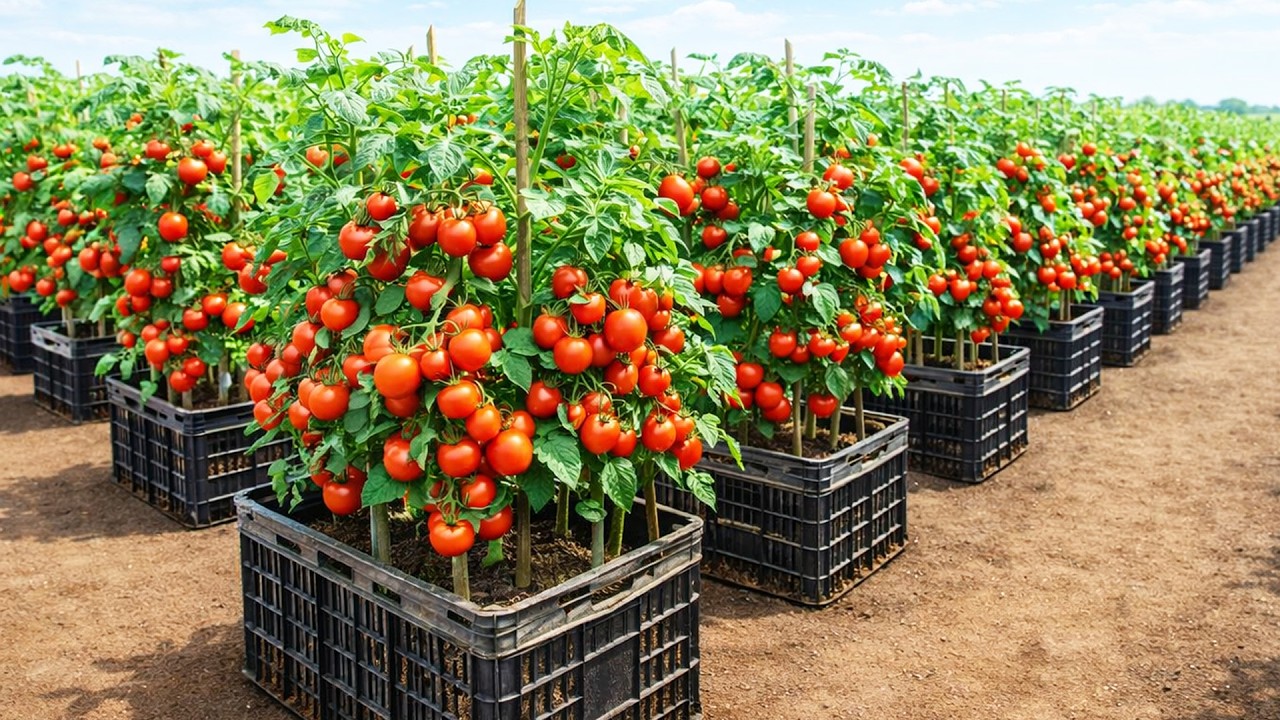 Одна пластиковая емкость, бесконечный урожай помидоров – полных плодов.