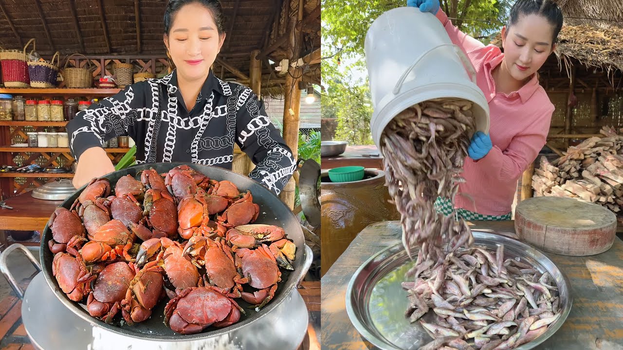 Amazing cooking skill: Rock crab Salt cook, Circle fish dried, Ocean crab recipe | Mommy chef Sros