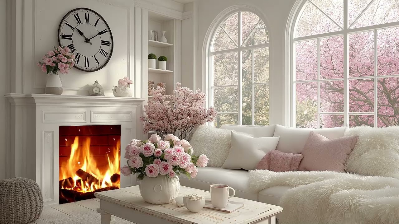 🌸 Spring Piano Lounge | White Room Flowers & Fireplace 🔥 3 Hours | Stress Relief Calm Study Relax