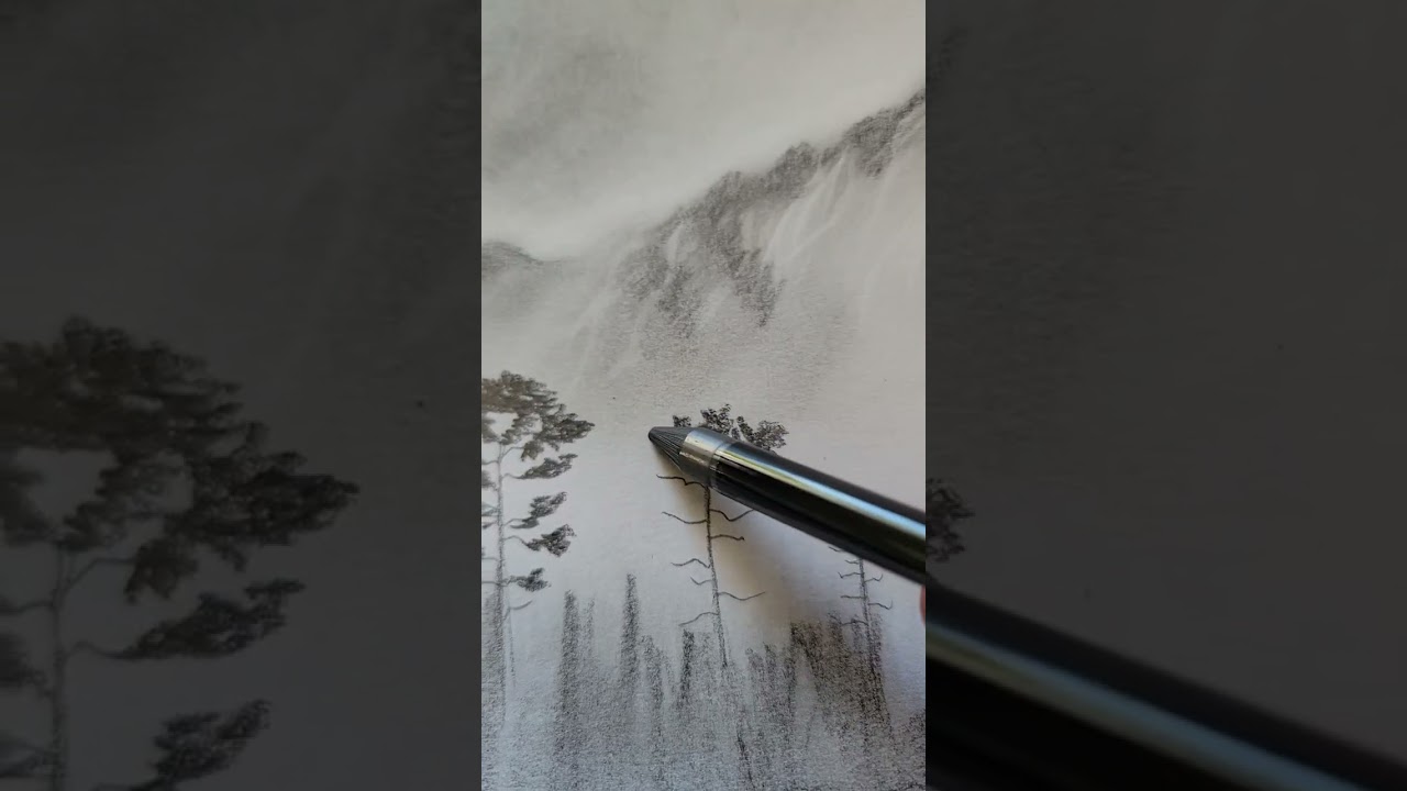 Drawing a Foggy Forest Mountain Landscape with Pencil