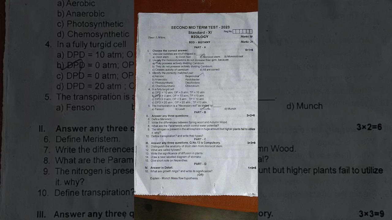 11th Biology answer key 2nd mid term 2023