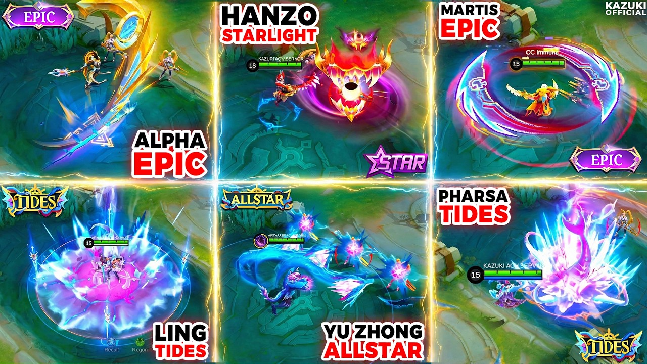 6 NEW UPCOMING SKINS GAMEPLAY!  ALL-STAR LING, PHARSA, YZ | ALPHA, MARTIS, HANZO + REVAMP AULUS SKIN
