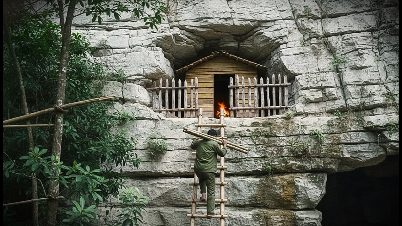 Solo Bushcraft: I found a cave high on a cliff and built a shelter there / King Of Satyr