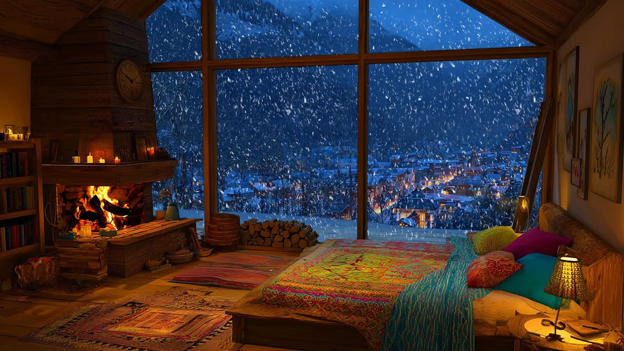 Snowstorm Sounds in the Night | Howling Wind & Fireplace for Instant Deep Sleep & Peaceful Focus