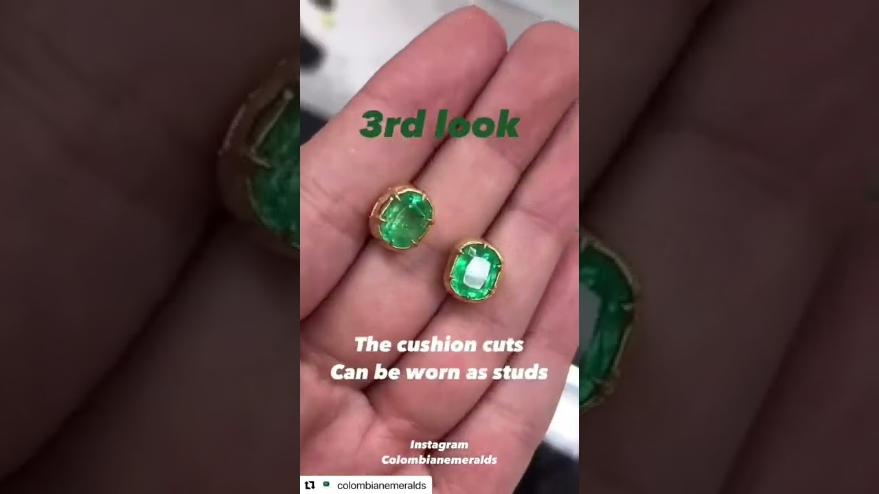 Custom made Convertible Colombian emerald cushion and emerald cut dangle earrings in 18K gold
