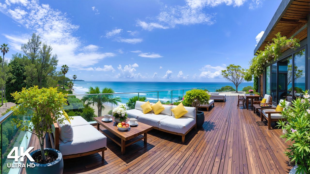 Happy Bossa Nova Jazz at the Beach Balcony for Study, Relax 🌊 Positive Jazz with Soft Waves Sound