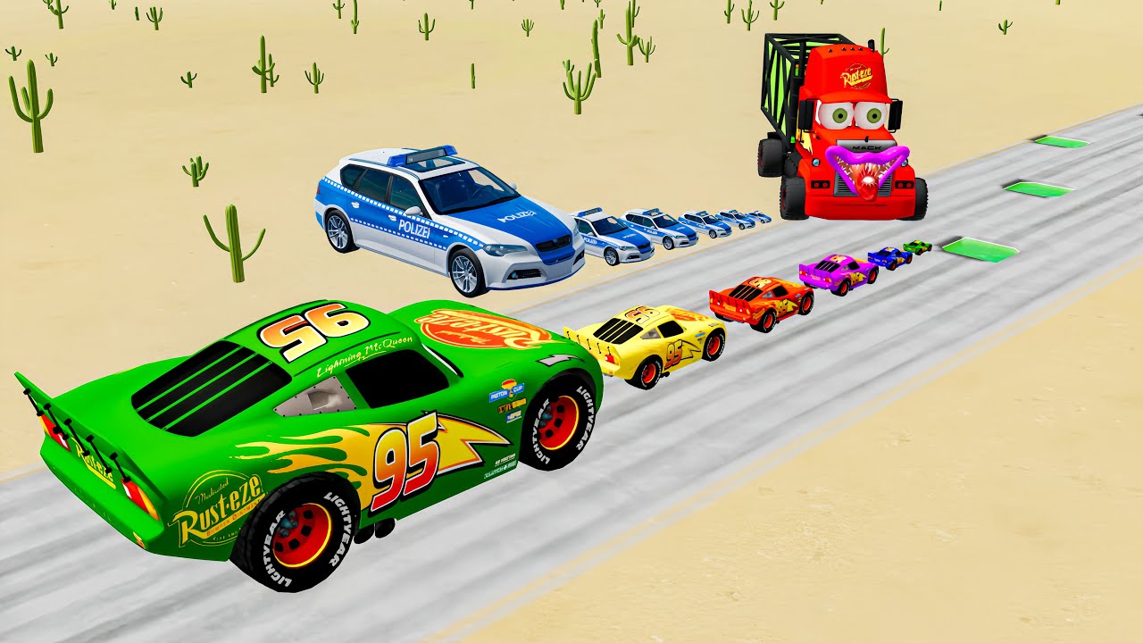 Big & Small McQueen, Police Car & Zombie Mack vs 100 Potholes – BeamNG.drive