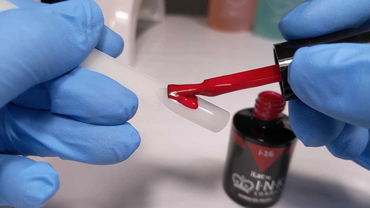 Ink London iLac i-16 red and i-66 beige gel polishes swatch