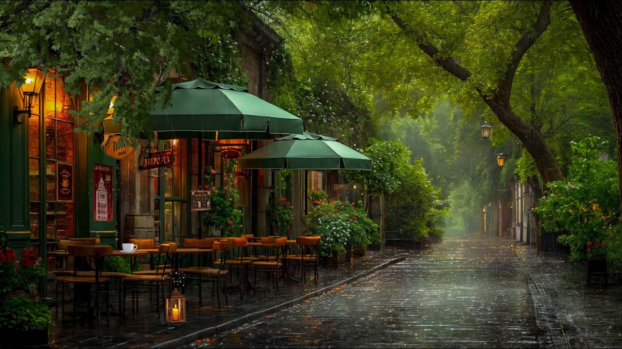 Rainy Day Outdoor Cafe Ambience ☕ Deep Jazz Music and Pleasant Rain Sound Make the Mood Relax 🌧️