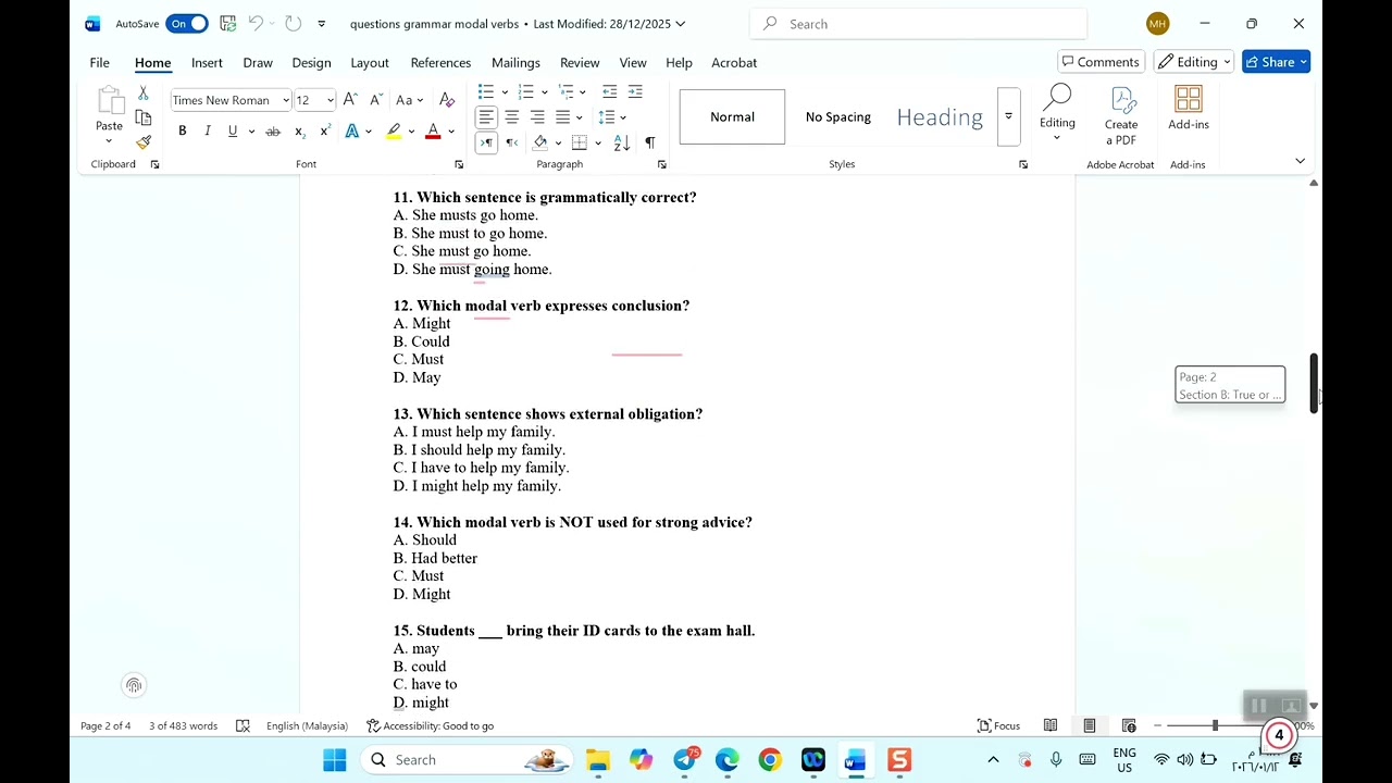 حلول بعض اسئلة مادة النحو مرحلة أولى قسم اللغة الانكليزية modal verbs 
