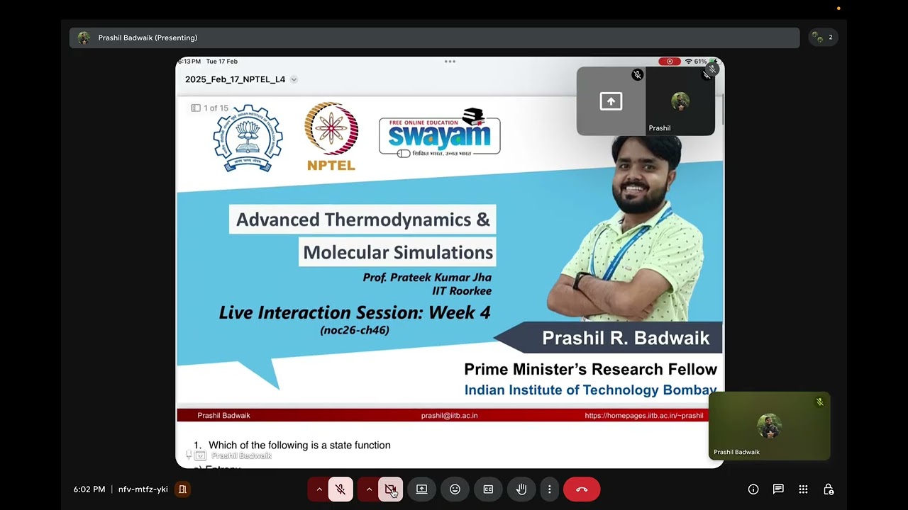 Week 4| NPTEL| Advanced Thermodynamics and Molecular Simulations (noc26-ch46)| Live session
