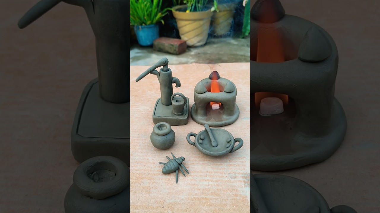 diy mini clay kitchen set✌, #miniature #creativeclayideas #clay #kitchenset #art