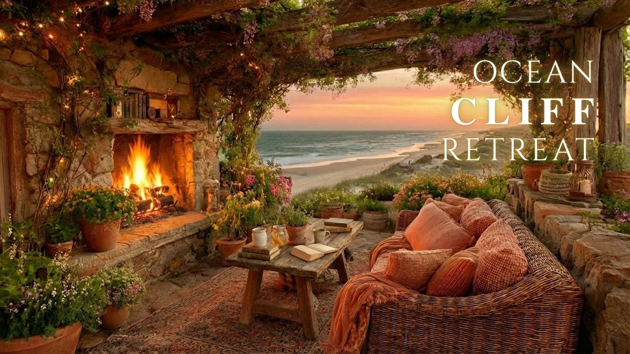 Ocean Cliff Retreat | Crackling Fire + Evening Waves for Stress Relief & Calm Focus