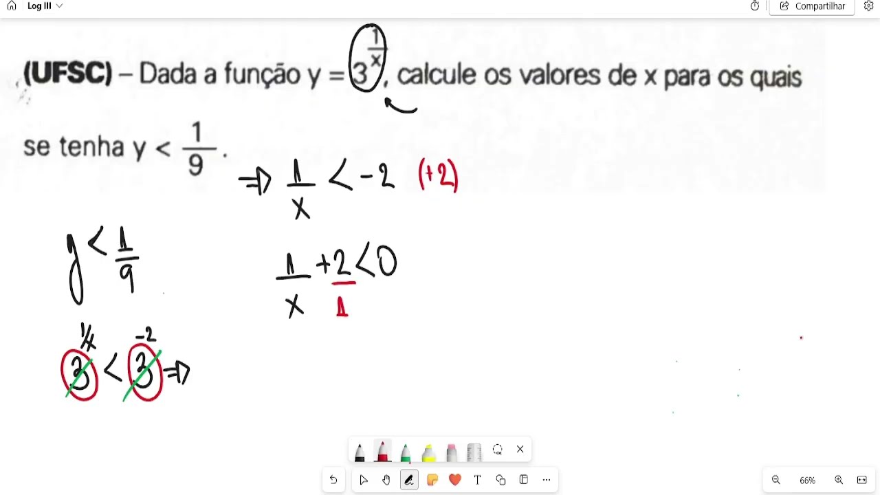 (UFSC) - Dada a função y = 3^1\x, calcule os valores de x para os quais se tenha  y menor que 1\9