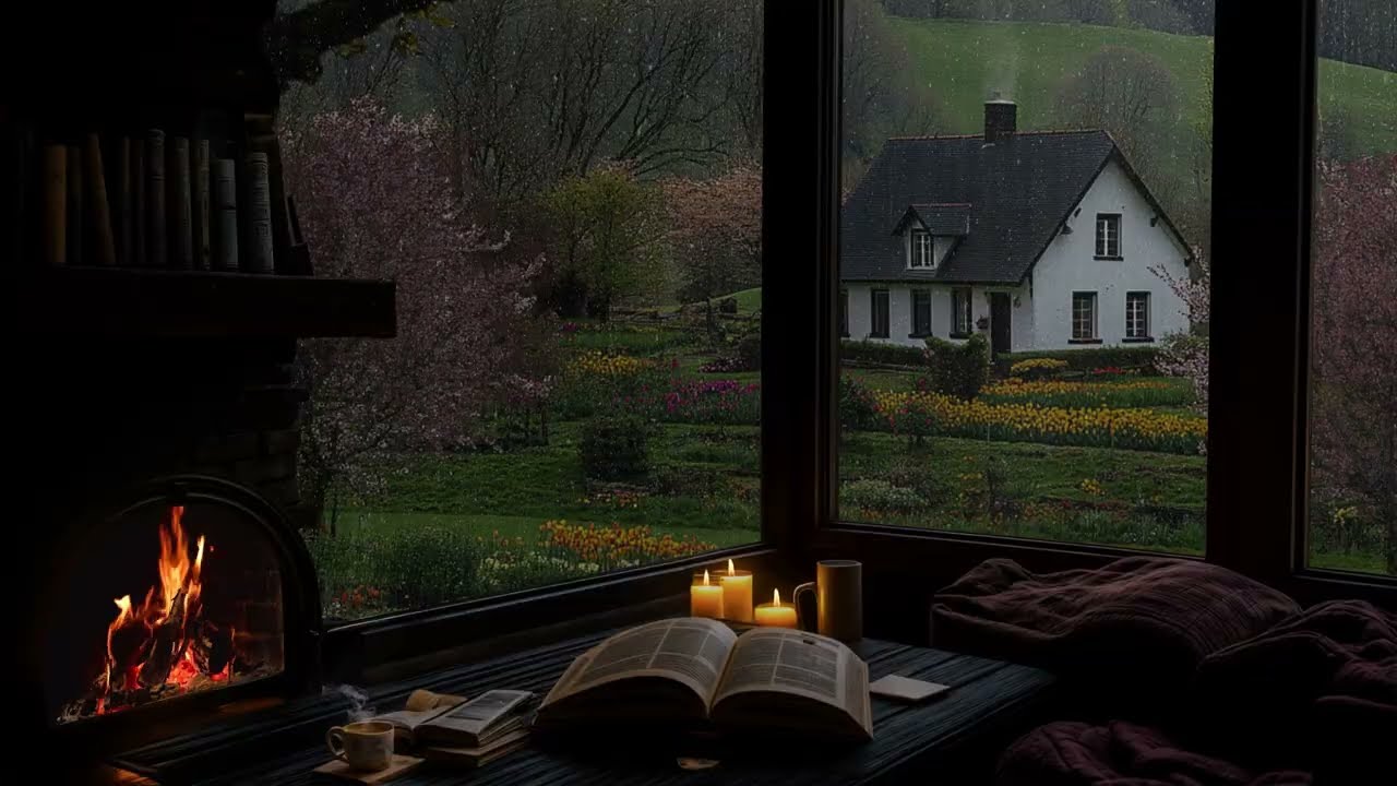 Spring Rain Window Ambience 🌧️ Cozy Fireplace Reading Room for Sleep & Relax ASMR